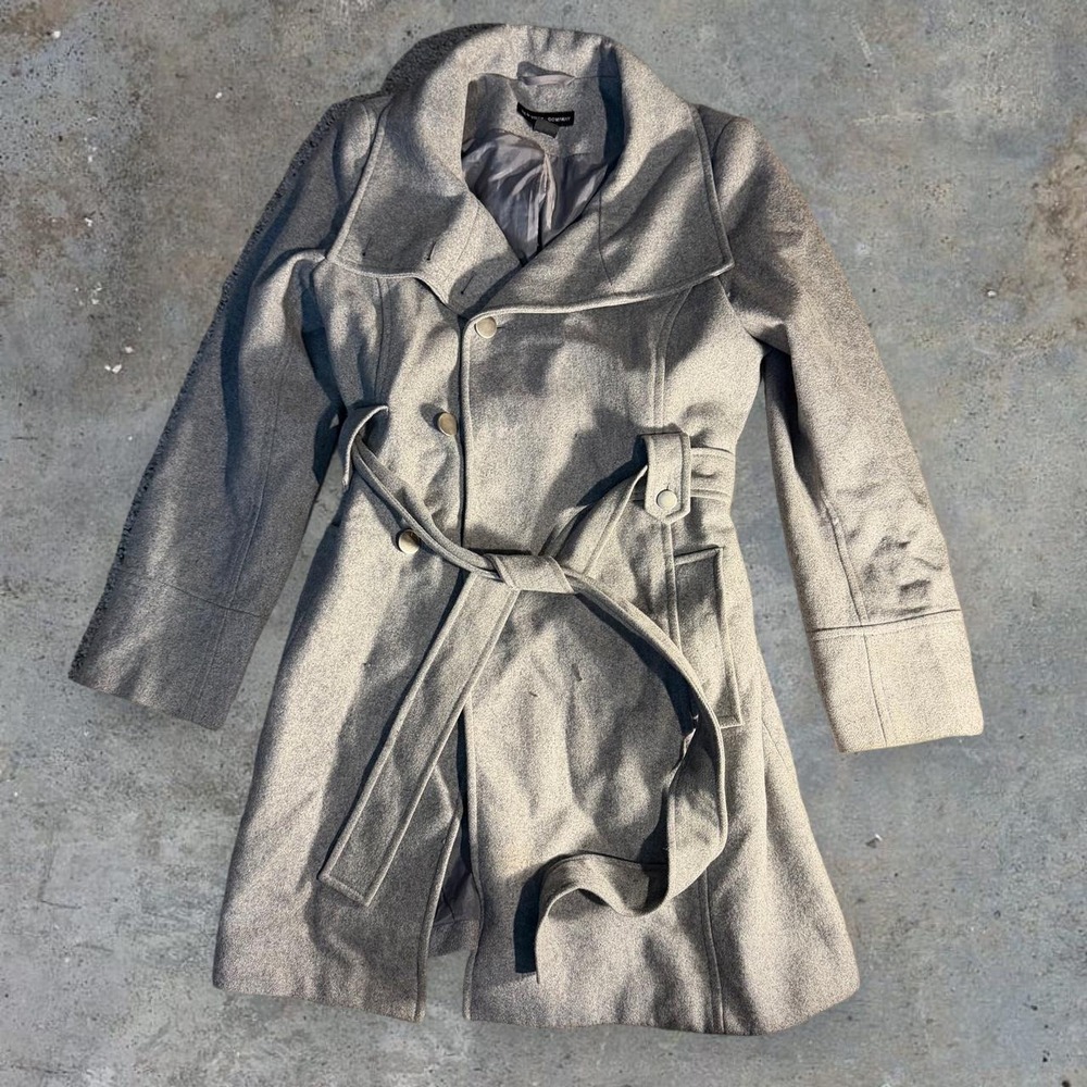 New York & Company Gray Wool Belted Trench Coat Womens 10 Y2K Outerwear